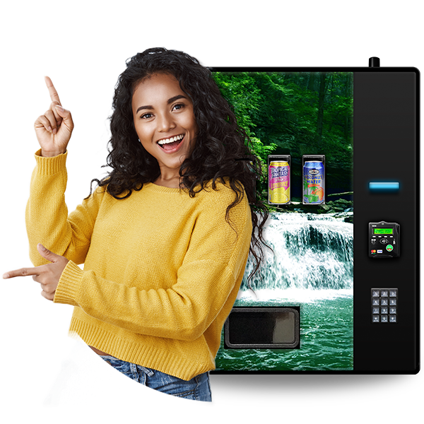 woman excited advantages of a free vending machine