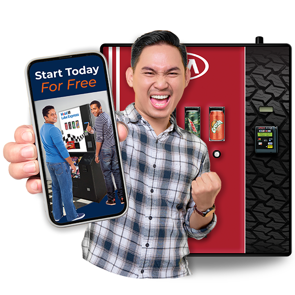 man excited about starting free trial with his vending machine
